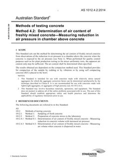 AS 1012.4.2: 04/04/2014 Methods of testing concrete, Method 4.2: Determination of air content of freshly mixed concrete – Measuring reduction in air pressure in chamber above concrete