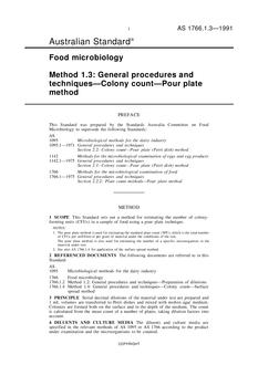 AS 1766.1.3: 12/31/1990 Food microbiology, Method 1.3: General procedures and techniques – Colony count – Pour plate method