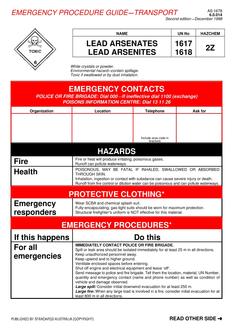 AS 1678.6.0.014: 01/01/1998 Emergency procedure guide – Transport – Lead arsenates, lead arsenites