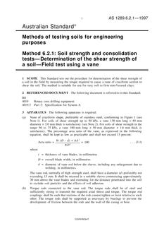 AS 1289.6.2.1: 01/01/1997 Methods of testing soils for engineering purposes, Method 6.2.1: Soil strength and consolidated tests – Determination of the shear strength of a soil – Field test using a vane