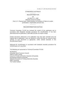 AS 2001.2.17: 03/02/1987 Methods of test for textiles, Part 2.17: Physical tests – Determination of resistance of fabrics to water penetration – Hydrostatic pressure test