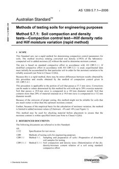 AS 1289.5.7.1: 06/07/2006 Methods of testing soils for engineering purposes, Method 5.7.1: Soil compaction and density tests – Compaction control test – Hilf density ratio and Hilf moisture variation (rapid method)
