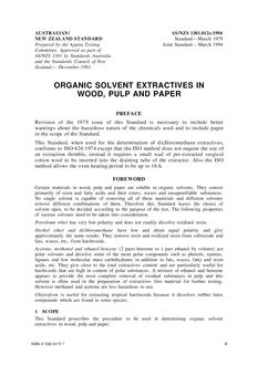 AS/NZS 1301.012S: 03/01/1994 Methods of test for pulp and paper, Part 012S: Organic solvent extractives in wood, pulp and paper