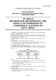 AS 1462.12: 01/01/1984 Methods of test for unplasticized PVC (UPVC) pipes and fittings, Method 12: Method for determining the effect of immersion in anhydrous acetone on UPVC pipes