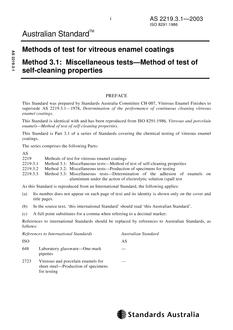 AS 2219.3.1: 01/01/2003 Methods of test for vitreous enamel coatings, Method 3.1: Miscellaneous tests – Method of test of self-cleaning properties