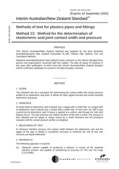 AS/NZS 1462.13(INT): 09/14/2001 Methods of test for plastics pipes and fittings, Method 13: Method for the determination of elastomeric seal joint contact width and pressure
