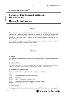 AS 2582.9: 11/27/2003 Complete, filled transport packages – Methods of test, Method 9: Leakage test