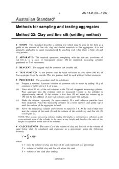 AS 1141.33: 10/05/1997 Methods for sampling and testing aggregates – Clay and fine silt (settling method)