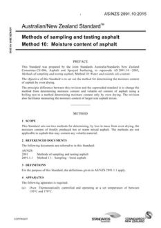 AS/NZS 2891.10: 06/29/2015 Methods of sampling and testing asphalt, Method 10: Moisture content of asphalt