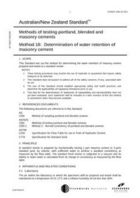 AS/NZS 2350.18: 10/01/2001 Methods of testing, portland, blended and masonry cements, Method 18: Determination of water retention of masonry cement AS/NZS 2350.18: 10/01/2001 Methods of testing, portland, blended and masonry cements, Method 18: Determination of water retention of masonry cement