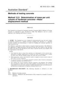 AS 1012.12.2: 09/05/1998 Methods of testing concrete, Method 12.2: Determination of mass per unit volume of hardened concrete – Water displacement method