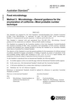 AS 5013.3: 01/01/2004 Food microbiology, Method 3: Microbiology – General guidance for the enumeration of coliforms – Most probable number technique