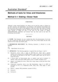 AS 4489.3.1: 09/05/1997 Methods of tests for limes and limestones, Method 3.1: Slaking – Dewar flask