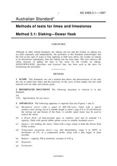 AS 4489.3.1: 09/05/1997 Methods of tests for limes and limestones, Method 3.1: Slaking – Dewar flask