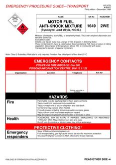 AS 1678.6.0.017: 01/01/1998 Emergency procedure guide – Transport – Motor fuel anti-knock mixture