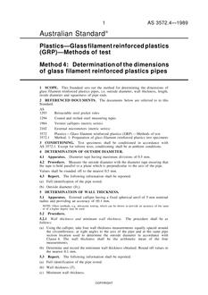 AS 3572.4: 12/31/1988 Plastics – Glass filament reinforced plastics (GRP) – Methods of test, Method 4: Determination of the dimensions of glass filament reinforced plastics pipes