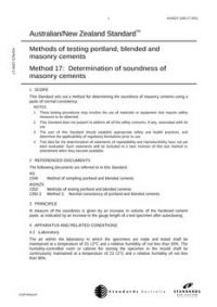 AS/NZS 2350.17: 10/01/2001 Methods of testing portland, blended and masonry cements, Method 17: Determination of soundness of masonry cements AS/NZS 2350.17: 10/01/2001 Methods of testing portland, blended and masonry cements, Method 17: Determination of soundness of masonry cements