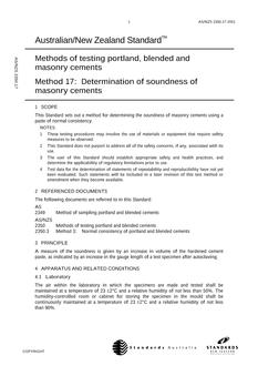AS/NZS 2350.17: 10/01/2001 Methods of testing portland, blended and masonry cements, Method 17: Determination of soundness of masonry cements