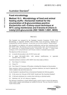 AS 5013.19.1: 06/27/2012 Food microbiology, Method 19.1: Microbiology of food and animal feeding stuffs-Horizontal method for the enumeration of β-glucuronidase-positive Escherichia coli-Colony-count technique at 44°C using membranes and 5-bromo-4-chloro-3- indolyl β-D-glucuronide (ISO 16649-1:2001, MOD)