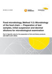 AS 5013.11.3: 04/26/2024 Food microbiology, Method 11.3: Microbiology of the food chain – Preparation of test samples, initial suspension and decimal dilutions for microbiological examination, Part 3: Specific rules for the preparation of fish and fishery products (ISO 6887-3:2017, MOD)